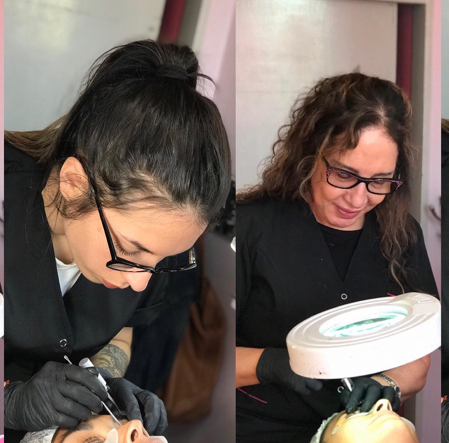 Dos lashistas de Tara Glamour trabajando con guantes, una de ellas bajo la lámpara de aumento